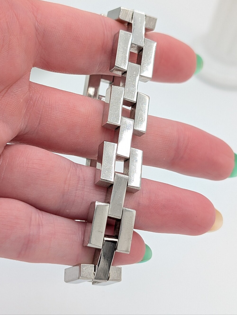 Vintage Goldette Wide Link Silver Tone Modernist Bracelet 7.5" - Picture 7 of 8